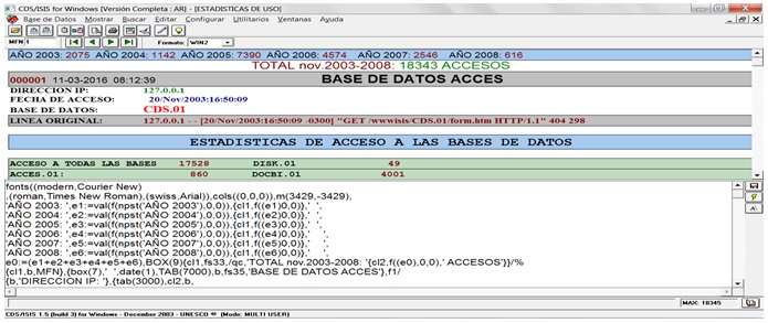 Pantalla  de ZTREEWIN  que muestra datos en archivo  ACCES.LOG
  Cada  una de estas miles de líneas fueron importadas a la base de datos ACCES en  WINISIS con ISIS PASCAL, en relación 1 a 1 (1 línea, 1 registro en la base de  datos).