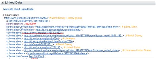 Linked data section of a WorldCat bibliographic  record