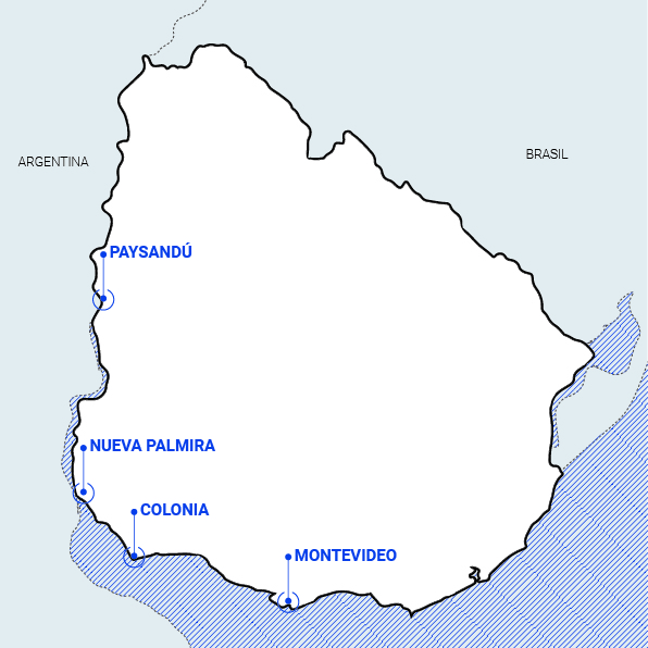 Ubicación de las bibliotecas populares de Montevideo (1873), Nueva Palmira (1873), Colonia (1874) y Paysandú (1874).