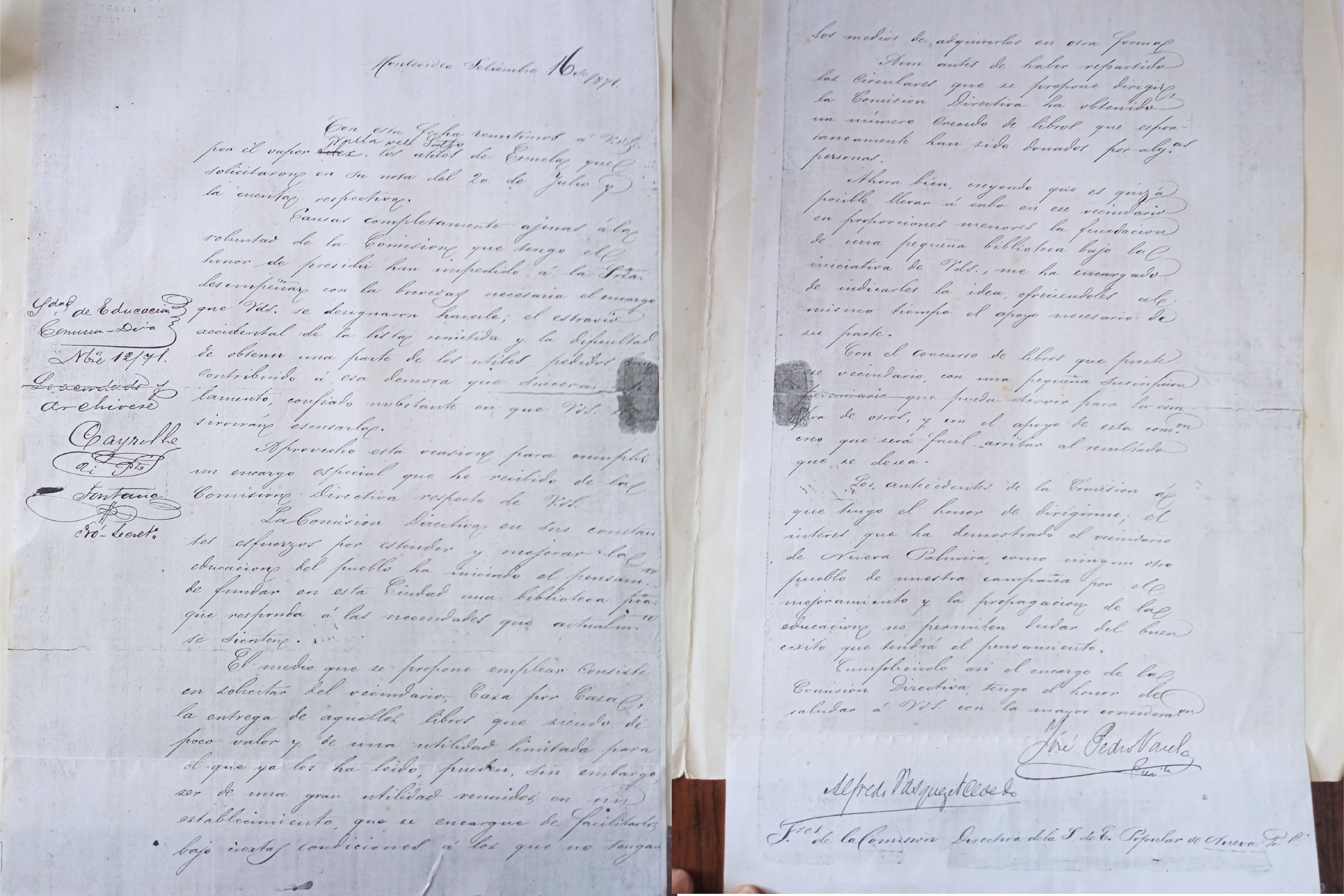 Reproducción de la carta enviada por la SAEP de Montevideo al vecindario de Nueva Palmira, en la que apoya la creación de la biblioteca popular. Lleva las firmas de Varela Berro y Acevedo, presidente y secretario, respectivamente, de la referida institución.