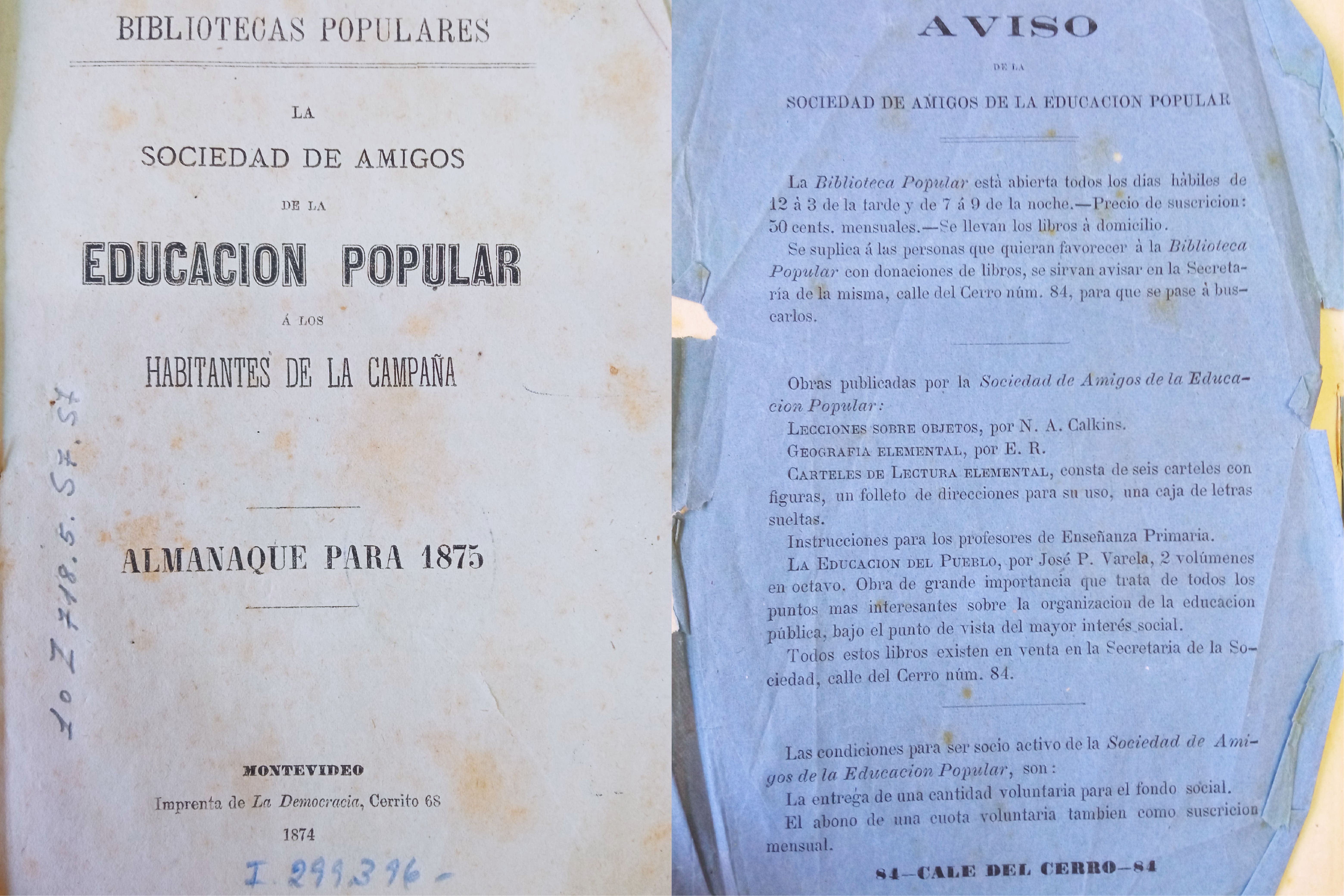 Portada y contratapa del boletín “La Sociedad de Amigos de la Educación Popular a los habitantes de la campaña. Almanaque para 1875”, publicado en 1874.