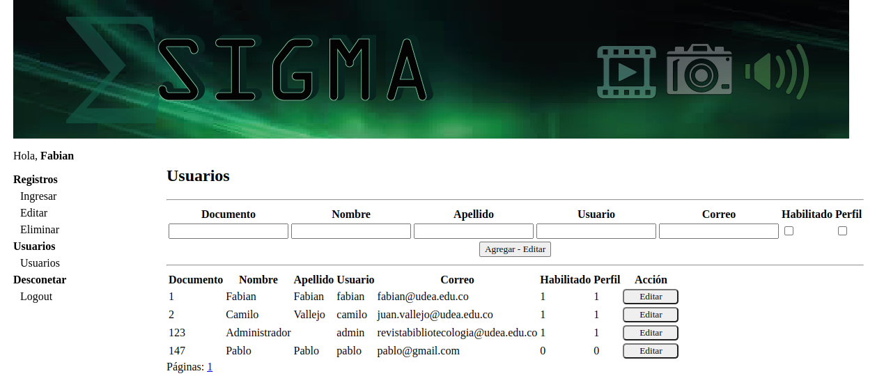 Módulo de usuarios de SIGMA