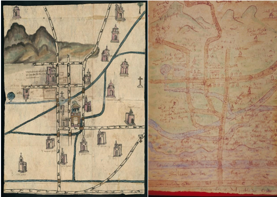 Mapa de Culhuacan. Lado derecho “Relación de Culhuacan, 1579”, Colección Benson de la Universidad de Texas, en Austin; lado izquierdo “Relación de Iztapalapa, Culhuacan y Mexicalzinco” del Corpus Cardona.