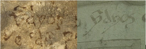 Caligrafía de la palabra “yndyo” en el Códice Quezada (lado derecho) y de la “Relación de México y Tlatelolco” del Corpus Cardona (lado izquierdo).