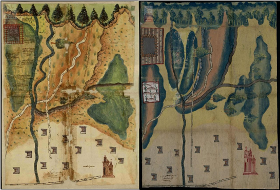 Lado derecho, “Mapa de Coatlinchan 1”, Archivo General de la Nación de México, Tierras, vol. 2688, exp. 35, f. 373. Lado izquierdo, “Mapa de Coatlinchan 2”, Archivo General de la Nación de México, Tierras, vol. 2688, exp. 3, f. 392.